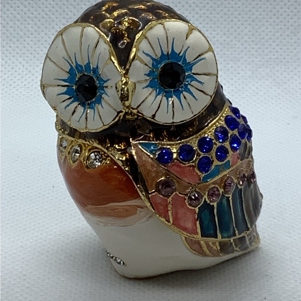 Trinket Box Owl Enameled Jeweled Figurine Hinged Magnet Crystals 2.5” Brown Rare